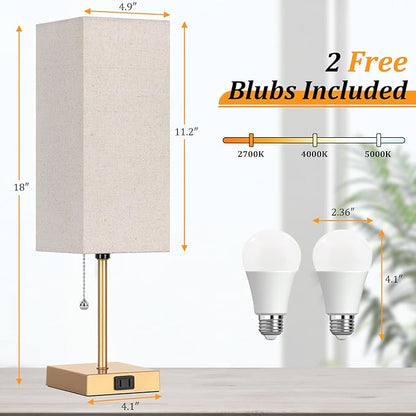 Table Lamp for Bedroom set of 2,3-Color Bedside Lamps with Pull Chain Table Lamps for Nightstand with AC Outlets,18'' Night Light Lamps with 2 Bulbs Lamps for Living Room Kids Office Decor（Glod）