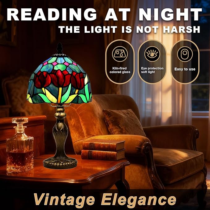 Stained Glass Lamp，Tulip Style Table Lamp，8 Inch Small Antique Lamp, for Bedside Nightstand Bedroom Living Room Home Office