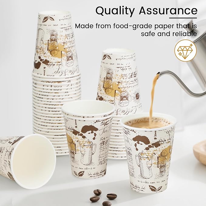SIUQ 240 Pack 12oz Paper Coffee Cups, 12 Ounce Disposable Coffee Cups, Retro Design, Leak-Proof, Hot/Cold Beverage Drinking Cup for Chocolate, Cocoa, Coffee Bar Supplies