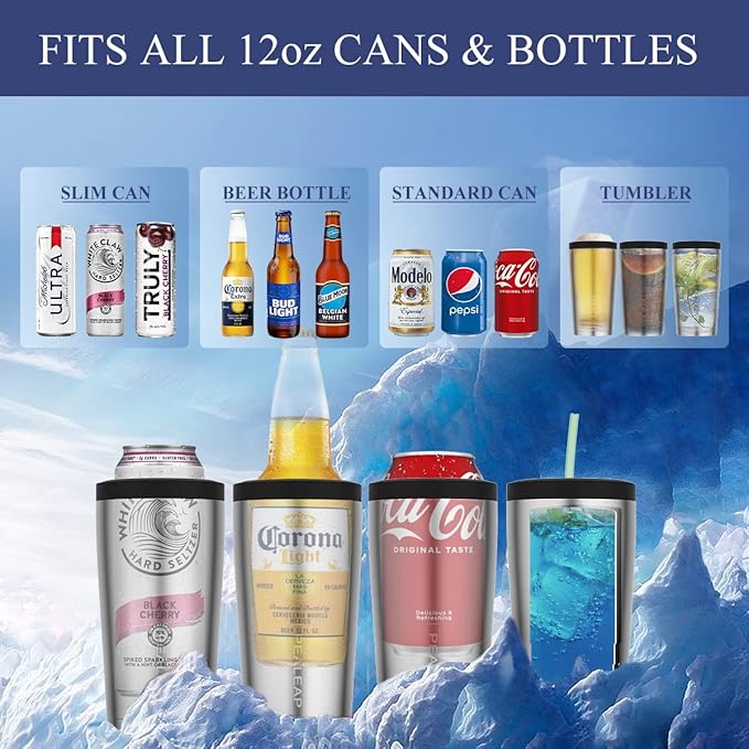 4 in 1 Insulated Slim Can Cooler for 12 OZ Cans and Beer Bottle - Keep 8 Hours Cold, Easy to Hold - Stainless Steel Can Holder, Double Walled Can Insulator for Hard Seltzer and More (Stainless Steel)