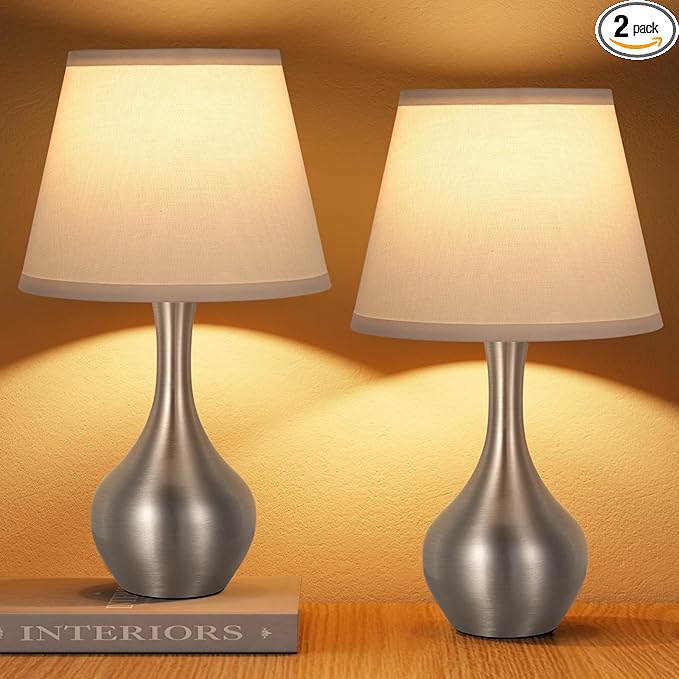 Seealle Touch Table Lamps for Bedroom Set of 2,3-Way Dimmable Small Bedside Lamps for Night Stands with Wires, Silver Desk Lamps for Kids Room,Office,Living Room, End Table(LED Bulbs Included)