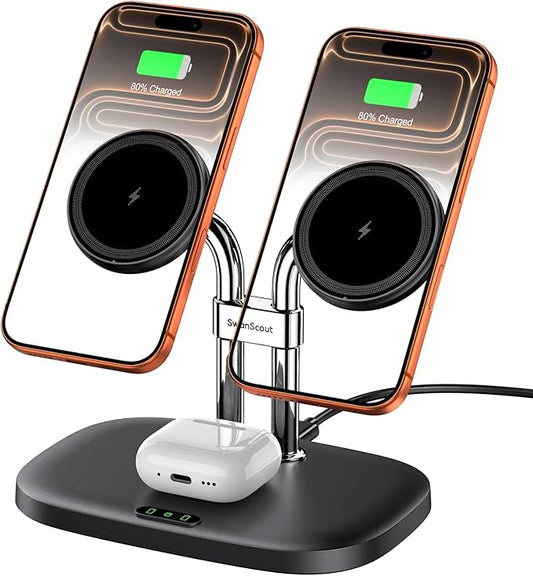 SwanScout Wireless Charger for iPhone Air/17, SwanScout 706M, Dual Magnetic Charger for iPhone 16/15/14/13/12 Series, Charging Station for AirPods Pro 3/2, AirPods 4/3rd (Black)