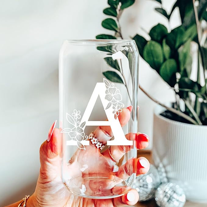 Personalized Tumbler, Monogrammed Can Glass Cups with Bamboo Lids and Straws, Customized Gifts for Women, Cute Design Initial Iced Coffee glasses, Custom Letter Mug, Birthday Bridesmaid, P