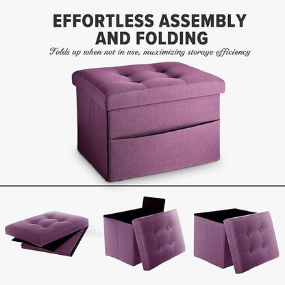 LINMAGCO Storage Ottoman Folding Foot Stool Foot Rest with Side Pocket Modern Ottoman with Storage Short Sofa Stool Linen Cloth 17x13x13(Purple)