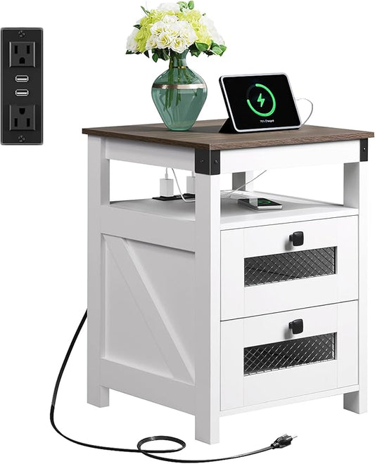 WLIVE Nightstand with Charging Station, Farmhouse End Table, Bed Side Table with 2 Storage Drawers and Open Shelf, Wood Rustic Nightstands for Bedroom, Living Room, White