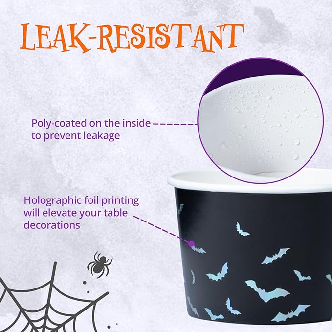 Paper Ice Cream Cups, 50-Count 9-Oz Disposable Dessert Bowls for Hot or Cold Food, 9-Ounce Halloween Party Supplies Treat Cups, Bats, Black and Silver