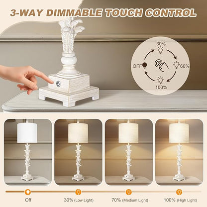 Vintage Table Lamps Set of 2, 3-Way Dimmable Touch Buffet Lamps with 2 USB Ports, 33'' Bedside Nightstand Lamps with Linen Shades, Rustic Farmhouse Table Lamps for Living Room Bedroom, Washed White