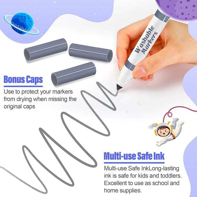 Janlaugh 24 Pcs Washable Markers Bulk Broad Line Markers Coloring Conical Tip Large pens for Kids art projects, Teachers, Students, Toddlers, Party Favors, Classrooms, Donations(Gray)