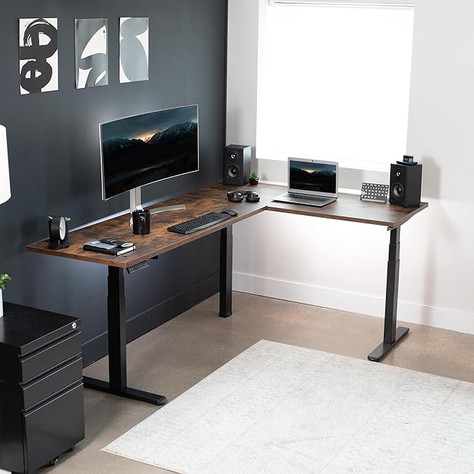 VIVO Electric 78 x 55 inch Square Corner Memory L Shaped Stand Up Desk, Rustic Vintage Brown Table Top, Black Frame, Corner Height Adjustable Workstation, 3E-S Series, DESK-KIT-3E5SBN