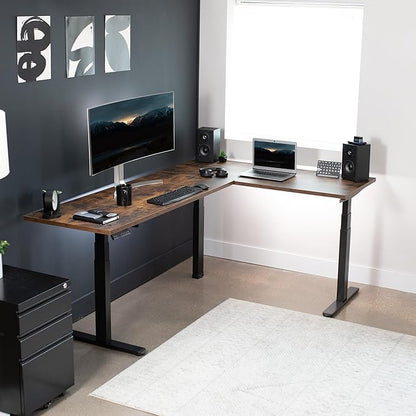 VIVO Electric 78 x 55 inch Square Corner Memory L Shaped Stand Up Desk, Rustic Vintage Brown Table Top, Black Frame, Corner Height Adjustable Workstation, 3E-S Series, DESK-KIT-3E5SBN