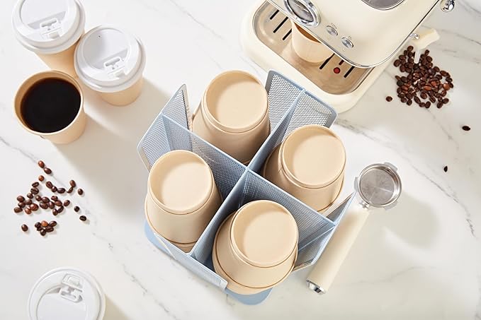 Annova Paper/Plastic Cup and Lid Holder Plastic Storage Organizer, 360°Rotating Coffee Mup Dispenser with 4 Compartments, Multifunctional Storage Rack for Home, Office, Bar, Coffee Shop (New Blue)