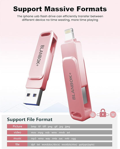 MFi Certified 256GB Flash Drive for iPhone Photo Stick, USB Memory Stick iPhone Flash Drive for Photos Videos, High Speed External Storage USB Stick Thumb Drive for iPhone/iPad/Android/PC(Rose Pink)