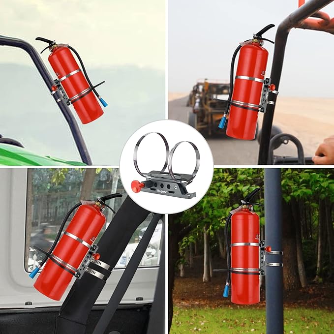 MEGREZ Adjustable Fire Extinguisher Mount Holder, Aluminum Quick Release Fire Extinguisher Holder with 8 Clamps, Compatible with Jeep Wrangler UTV Polaris RZR, Grey