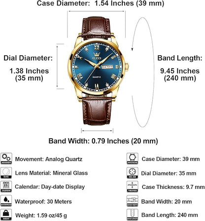 Men's Casual Leather Watch, Easy to Read Three-Hand Analog Stainless Steel Watches for Men, Minimalist Day Date Waterproof Luminous Mens Quartz Wristwatch