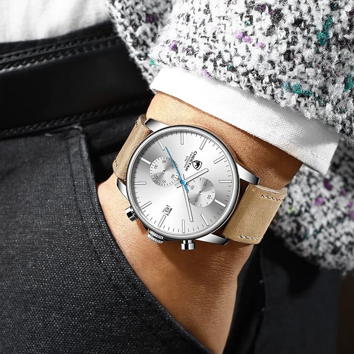 GOLDEN HOUR Mens Watch Fashion Sleek Minimalist Quartz Analog Mesh Stainless Steel Waterproof Chronograph Watches for Men with Auto Date