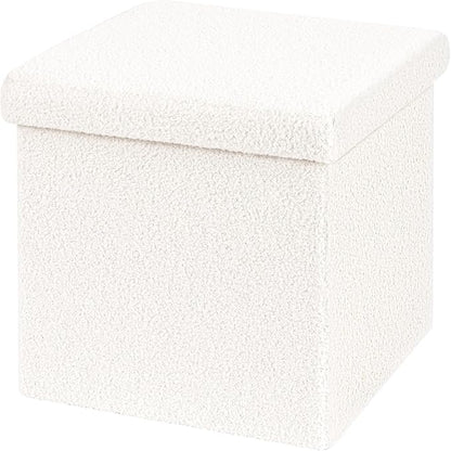 B FSOBEIIALEO Small Storage Ottoman Cube Sherpa Ottomans Foot Rest, Foldable Boucle Ottoman, Faux Teddy Fur, Cream White 15"x15"x15"