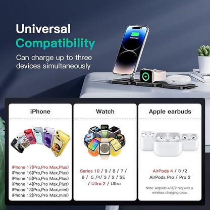 3 in 1 Charging Station for Apple Devices, Foldable Wireless Charging Station for iPhone 17/16/15/14/13/12, Apple Watch & AirPods with Magsafe Charger Stand, Travel Essentials Wireless Charger (Black)