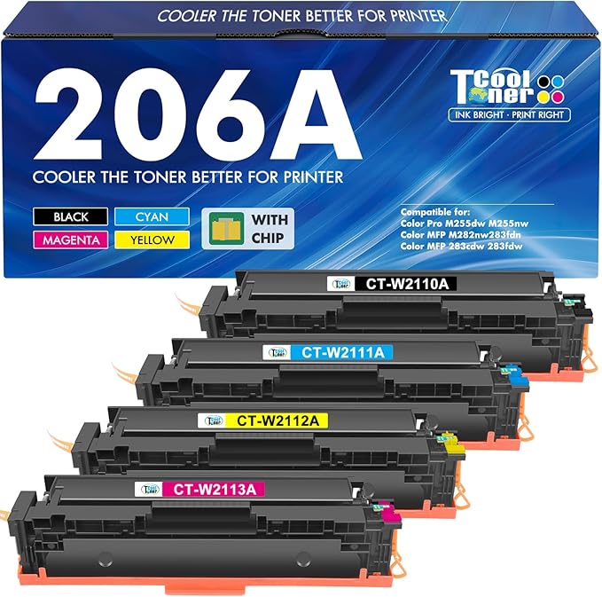 206A Toner Cartridges 4 Pack M283fdw M283cdw Set Compatible Replacement for HP 206A 206X Color Laserjet Pro MFP M255dw M283 M255 M255nw Printer High Yield Ink (with Chip) (Black Cyan Yellow Magenta)