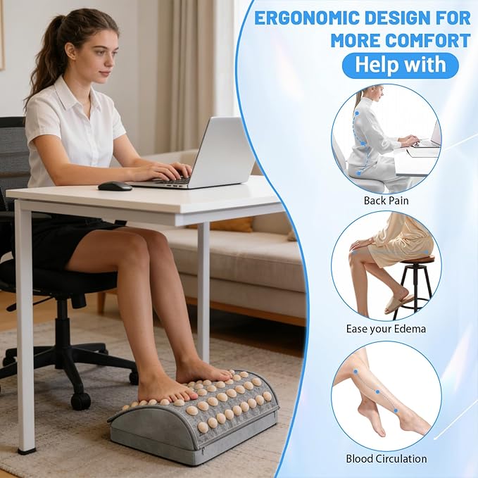 Foot Rest Under Desk at Work, Office Foot Tool Desk Accessories with Washable Cover, Home Spa Massage Wood Foot Acupressure Mat Top, Foam Footrest with 2 Adjustable Heights for Relax (Light Grey)