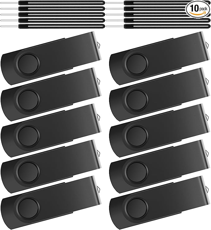 Kepmem 10 Pack 4GB USB 2.0 Flash Drive Bulk, Memory Stick 4 GB Thumb Drive Portable Keychain USB Sticks Black Pendrive Metal Zip Drive Swivel Jump Drive with 10pcs Ropes for Meeting, Speach