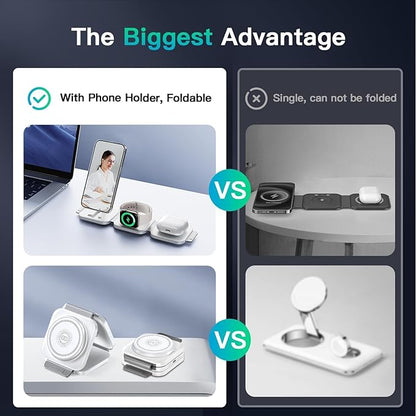 JARGO 3 in 1 Wireless Charging Station for Apple Devices, Foldable iPhone Charging Station for iPhone 17/16/15/14/13/12, Apple Watch & AirPods with Magsafe, Travel Essentials Wireless Charger (White)