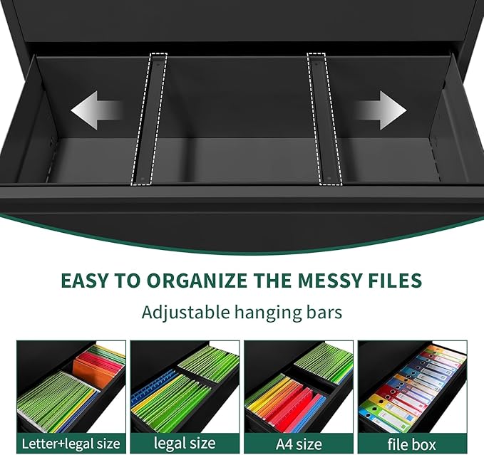 Lateral File Cabinet with Lock, 3 Drawer Metal File Cabinets for Home Office, Large Filing Storage Cabinet Printer Stand, Steel Wide File Cabinet for Legal/A4/F4/Letter Size Files, Black