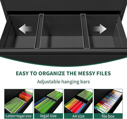 Lateral File Cabinet with Lock, 3 Drawer Metal File Cabinets for Home Office, Large Filing Storage Cabinet Printer Stand, Steel Wide File Cabinet for Legal/A4/F4/Letter Size Files, Black