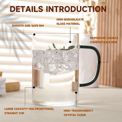 Glass Tea Cups Set of 4, Clear Borosilicate Glass Teacups with Handle for Tealover, Dishwasher & Microwave Safe Large Coffee Mugs for Espresso Cappuccino Latte Juice, 17OZ/500ML