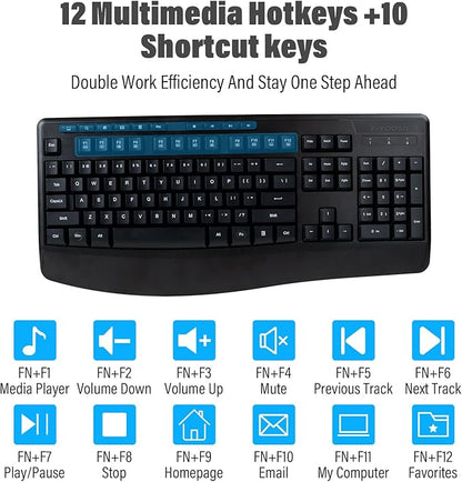 E-YOOSO Wireless Quiet Ergonomic Keyboard and Mouse Combo with Wrist Rest,Keycap Silent Design 90% Less Noise,2.4GHz 104 Keys Full Size,2400 DPI Mouse,for PC Computer/Laptop/Mac/Tablet,Black