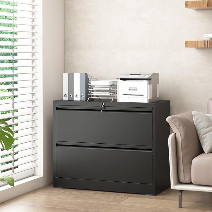 2 Drawer Lateral File Cabinet, Metal File Cabinets for Home Office Legal/Letter A4 Size, File Cabinet with 2 Drawer Storage Cabinet, Require Assembly, Black