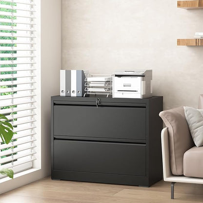 2 Drawer Lateral File Cabinet, Metal File Cabinets for Home Office Legal/Letter A4 Size, File Cabinet with 2 Drawer Storage Cabinet, Require Assembly, Black