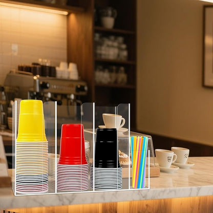4 Compartments Acrylic Cup and Lid Holder, Clear Disposable Coffee Cup Holder Organizer,Cup Dispenser for Kitchen Bar Shop Party Supplies