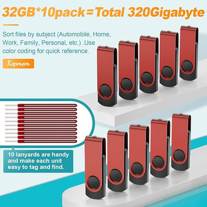 Flash Drive 32 GB 10 Pack Thumb Drive 32GB USB Memory Stick Kepmem USB Drive Portable USB 2.0 Pendrive Metal Jump Drive Swivel USB Stick Red Zip Drive with 10pcs Ropes Data Storage