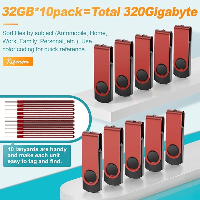 Kepmem Bulk Flash Drive 64GB Pack of 10 Thumb Drives, Swivel USB 2.0 Memory Stick Portable Pen Drive 2 Gig USB2.0 Jump Drive 10 Pieces Zip Drives 2 GB Metal U Disk Red USB Drive
