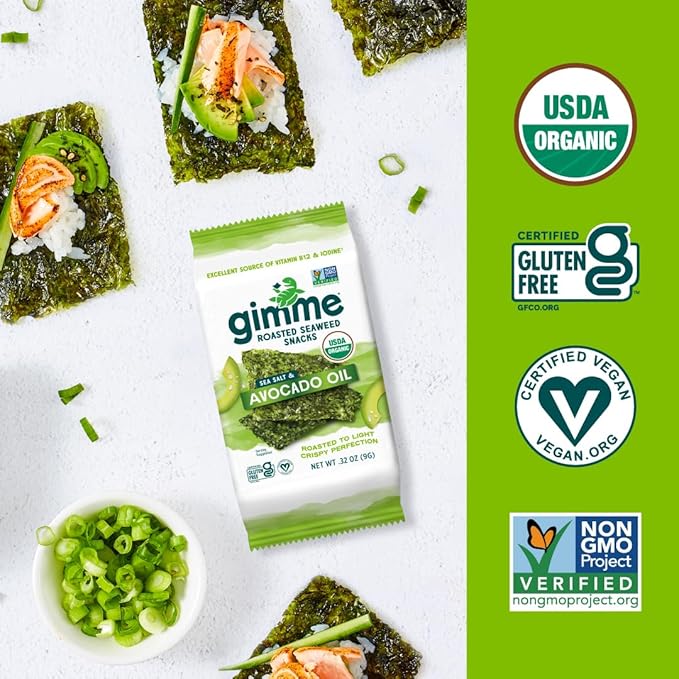 Gimme Seaweed Organic Premium Roasted Seaweed Snacks, Sea Salt & Avocado Oil, 12 Count Sharing Size, Keto, Vegan, Gluten-Free, Source of Omega3s & Iodine, Healthy On-The-Go Snack for Kids & Adults