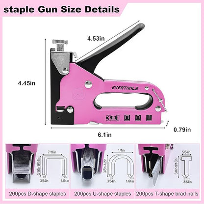 3 in 1 Staple Gun, Women Pink Manual Stapler with 600 Staples, for Wood, Cable, Crafts, Fabric, Decoration, Carpentry, Furniture, Material Repair and DIY.