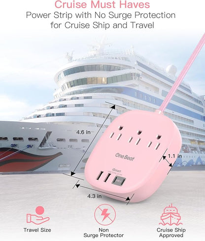 Flat Plug Power Strip, 6ft Pink Flat Extension Cord - 3 Outlets 4 USB Ports (2 USB C) 22.5W/4.5A Desktop Charging Station, Power Strip No Surge Protection for Cruise Ship, Dorm Room Travel Essentials
