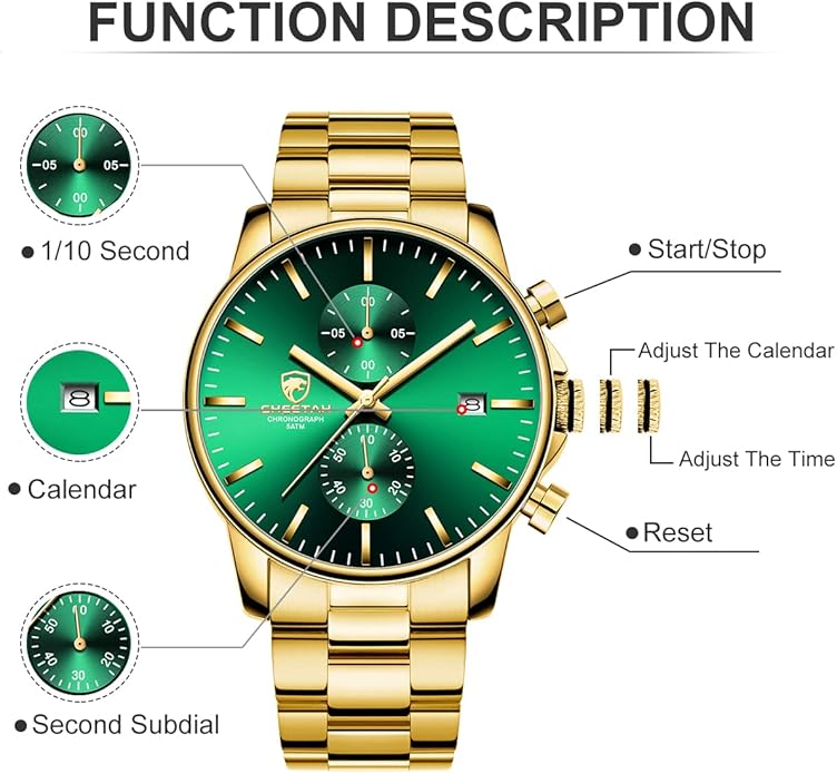 GOLDEN HOUR Fashion Business Mens Watches with Stainless Steel Waterproof Chronograph Quartz Watch for Men, Auto Date