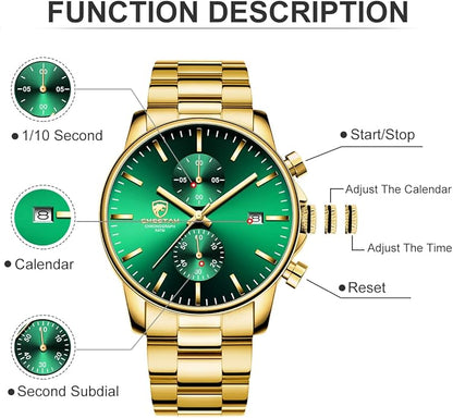 GOLDEN HOUR Fashion Business Mens Watches with Stainless Steel Waterproof Chronograph Quartz Watch for Men, Auto Date
