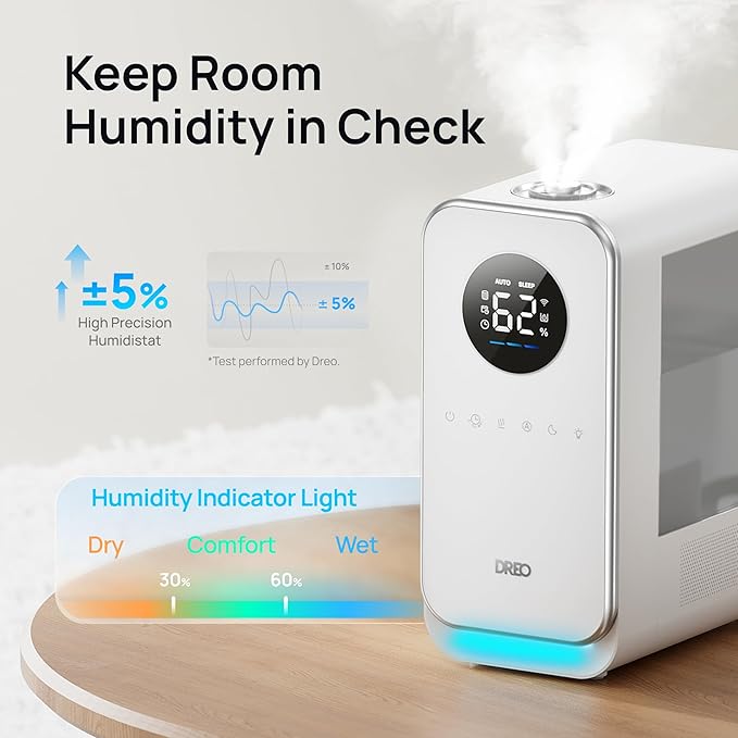 DREO Humidifiers for Bedroom, Top-filled Smart Quiet Cool Mist Humidifiers for Large Room Home, Oil Diffuser & Nightlight, 50Hours Runtime for Indoor Plants, with Alexa/Google, Grey