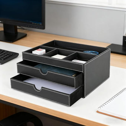 Household Multifunctional Desktop Storage Cabinet, Office file Cabinet Made of Leather, Drawers and Four Separate Organizers, Storage Box on the Bedside Table in the Room (black)