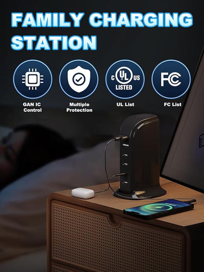 USB Charger, Charging Station for Multiple Devices 65W, Fast Charging Blocks with 4Type C Ports, Dual USB Charging Hub Organizer Multiport for iPhone, Ipad, Smartphones, Travel Accessories (Black)