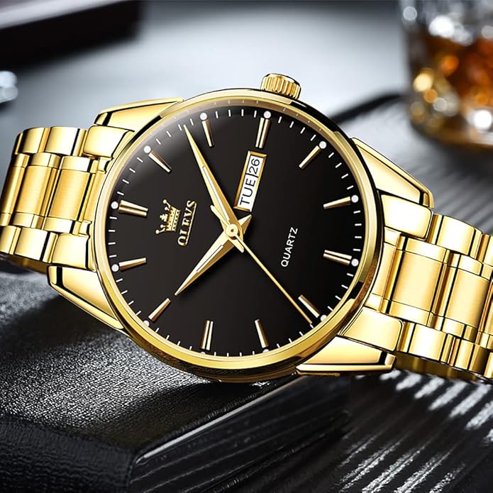OLEVS Men's Luxury Watch Waterproof Luminous Easy Read Chronograph Watches Full Gold/White Dail/Black Face with Calendar Wristwatch