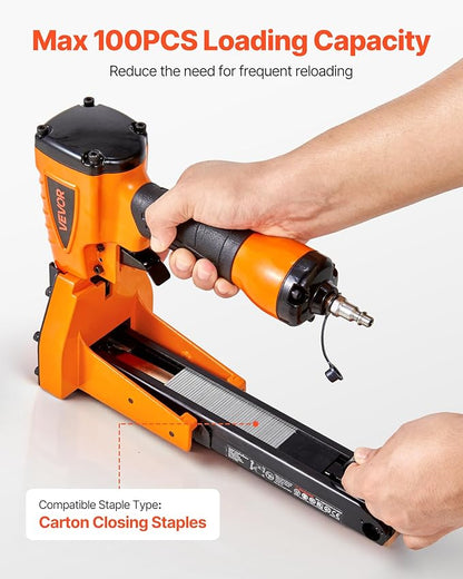 VEVOR Pneumatic Carton Closing Stapler, 13 Gauge Pneumatic Cardboard Staple Gun for 1-3/8 inch Crown 5/8" & 3/4" Length, Depth-Adjustable 70-120 PSI Air Staple Gun for Boxes Carton Closing, Packaging