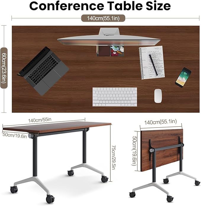 Conference Table, Folding Conference Room Tables, Modern Flip Top Seminar Training Meeting Table with Wheels, Modular Foldable Conference Tables for Home Office Classr (Brown 6 Pack 63inch)