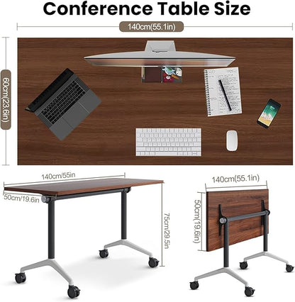 Conference Table, Folding Conference Room Tables, Modern Flip Top Seminar Training Meeting Table with Wheels, Modular Foldable Conference Tables for Home Office Classr (Brown 10 Pack 55.1inch)