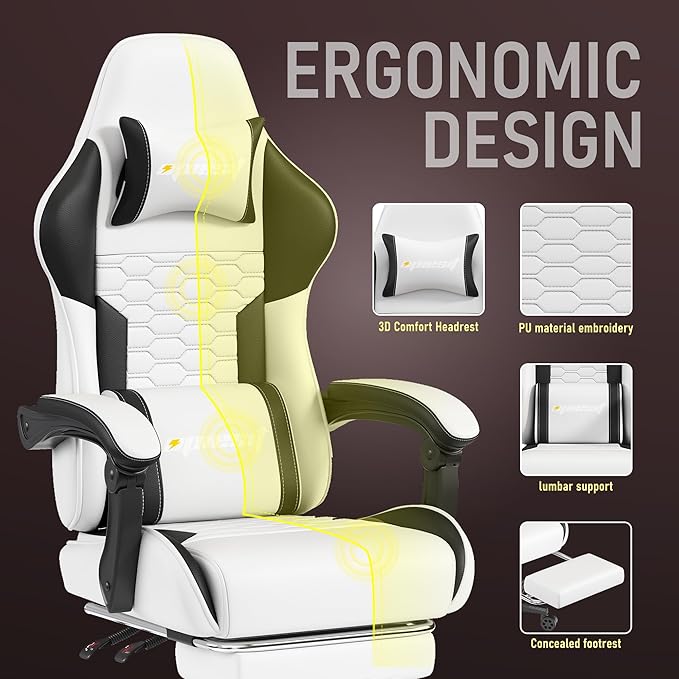 Gaming Chair, Computer Gaming Chairs with Footrest, Linkage Armrests and Lumbar Support, High Back Ergonomic Office Chair for Adults, Big and Tall Desk Chair(White)