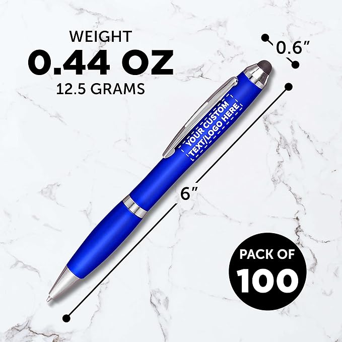 DISCOUNT PROMOS Custom Plastic Stylus Pens Set of 100, Personalized Bulk Pack - Black Ink, Great for Office, School, Business, Tradeshows, Events - Blue