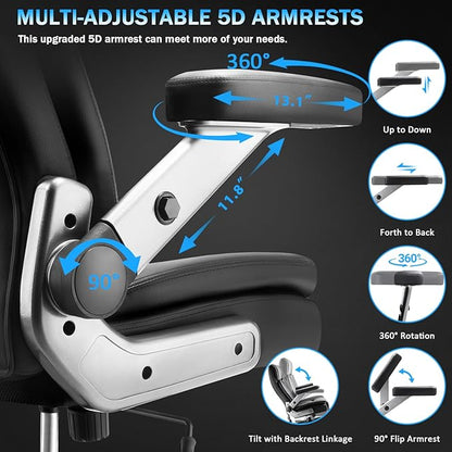 Big and Tall Office Chair 600lbs with 5D Flip Arms, Heavy Duty Executive Leather Office Chairs, Black Ergonomic Office Chair with Adjustable Lumbar Support & Pocket Spring Cushion, Dual Rubber Wheel