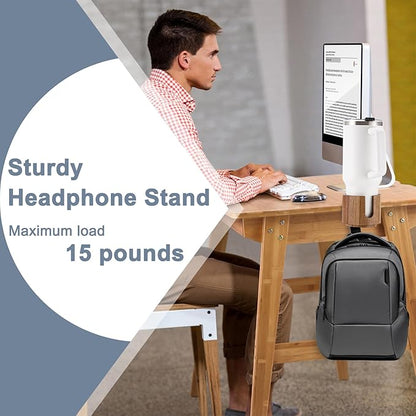 Nnewvante Desk Cup Holder, 2 in 1 360° Rotating Headphone Hanger Under Desk, 360° Anti-Spill Cup Holder, Table Cup Holder for Water Bottles, Gaming Desk Accessories - Acacia Wood